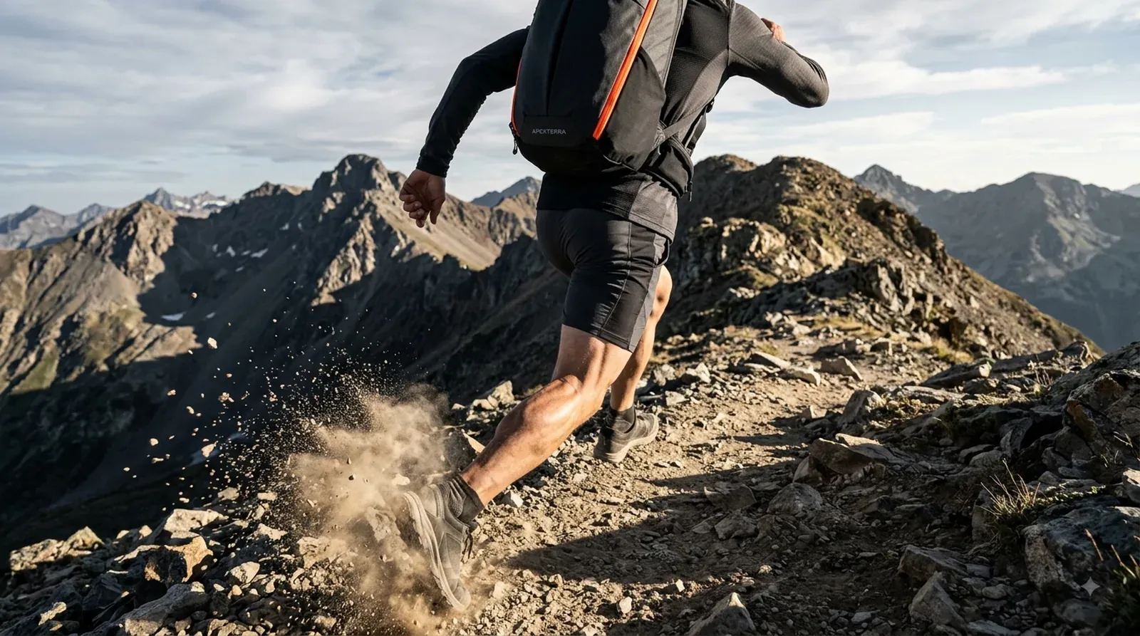 Trail runner mid-stride on a rocky mountain ridge in low sunlight