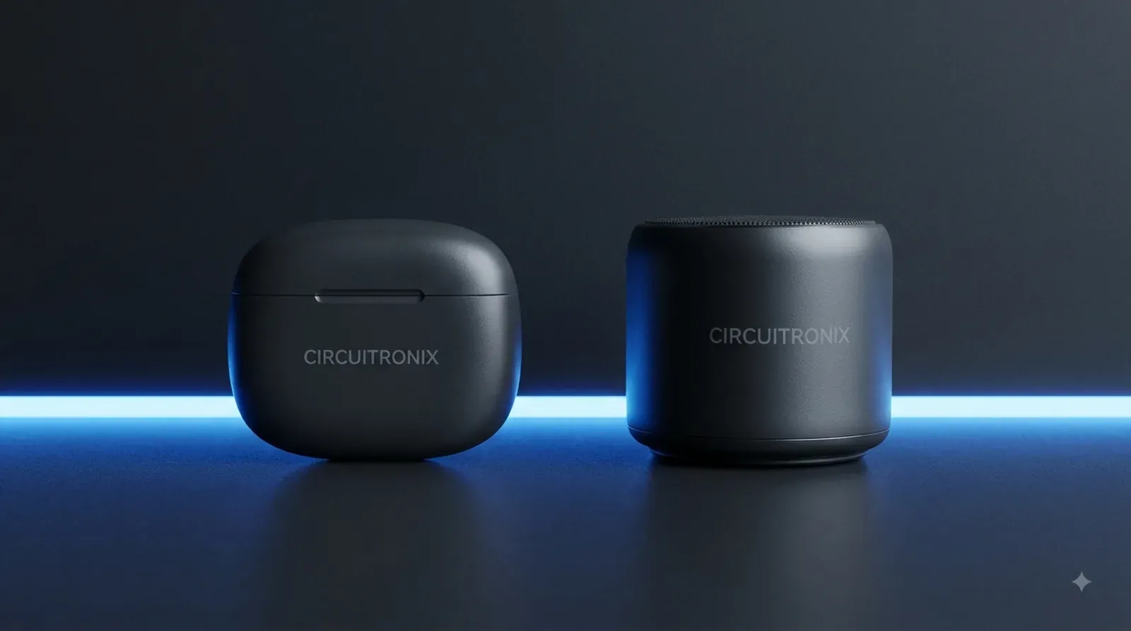 Two black wireless earbuds lit by a blue accent light against a dark backdrop