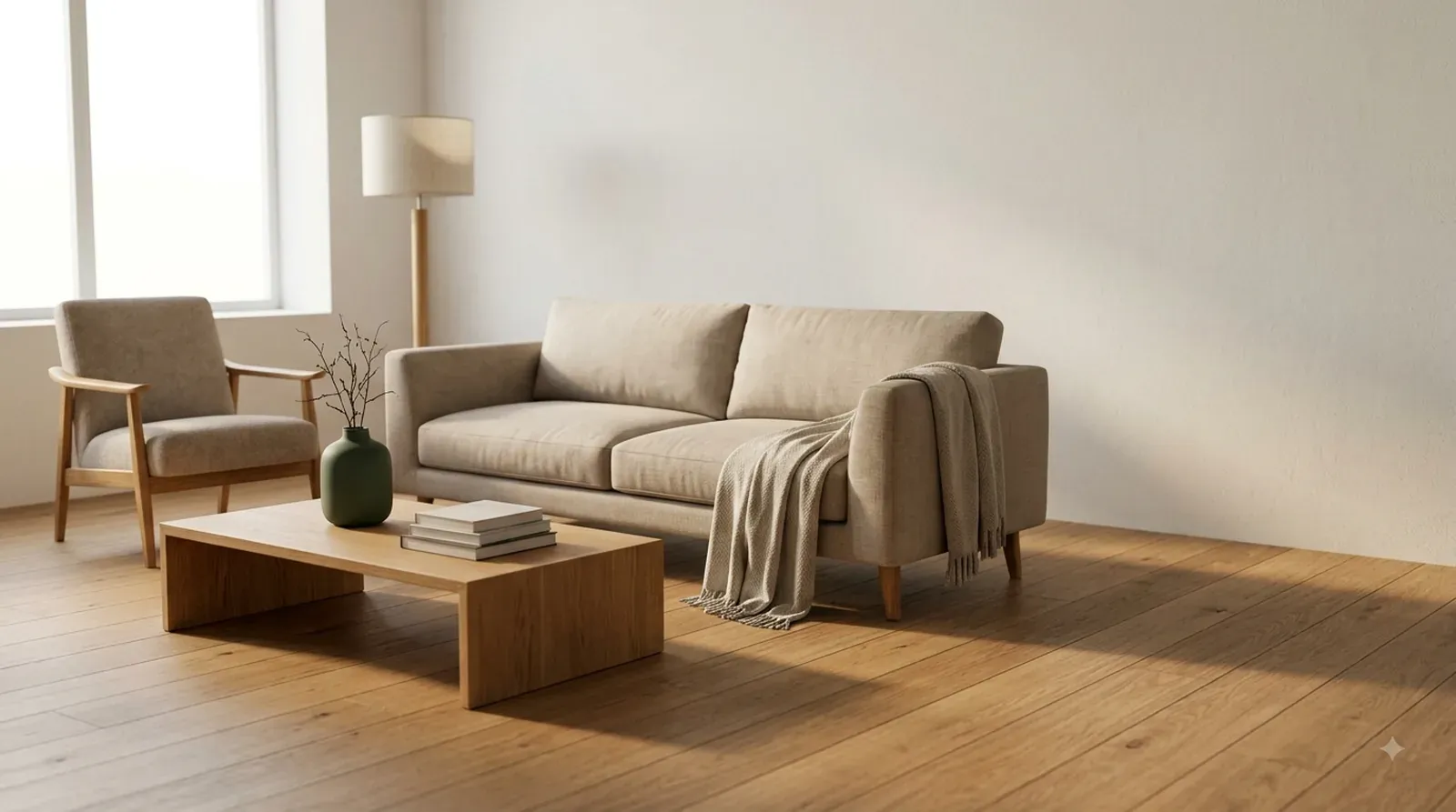 Neutral-toned living room with a linen sofa and wooden coffee table in natural light