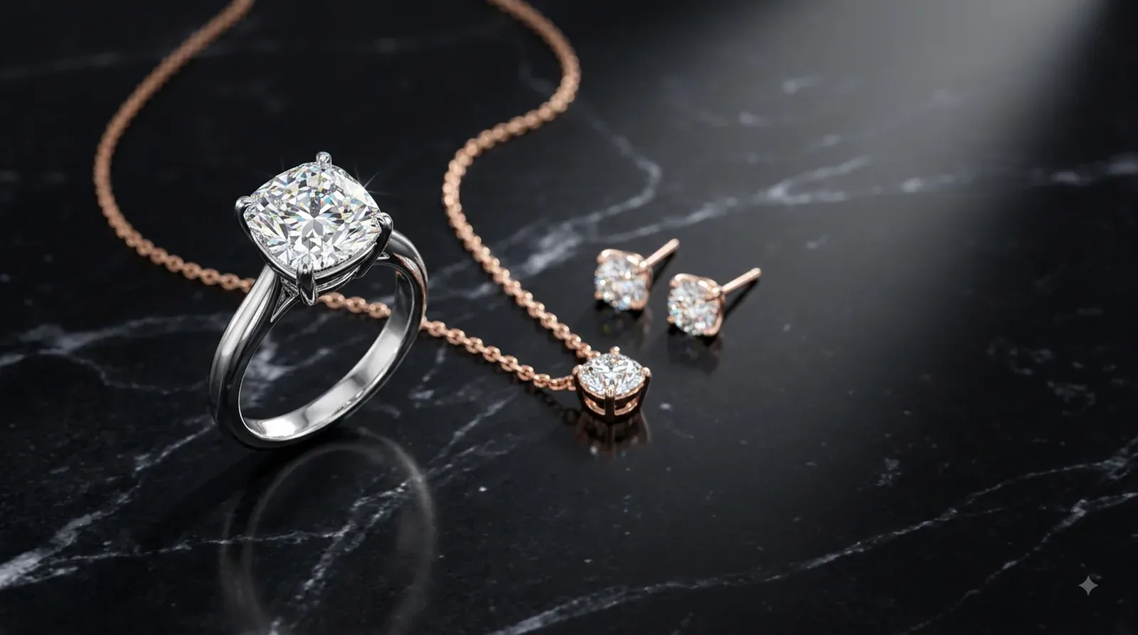 Diamond ring and stud earrings arranged on a dark marble surface