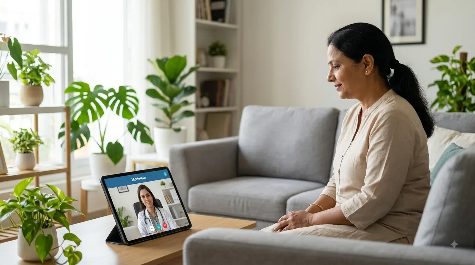 Patient on a video consultation with a doctor from a home living room