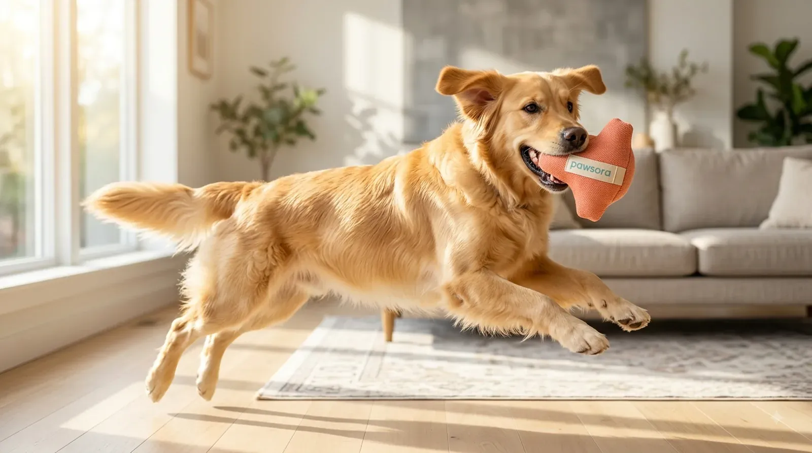 Golden retriever leaping indoors with a toy, ears back mid-motion