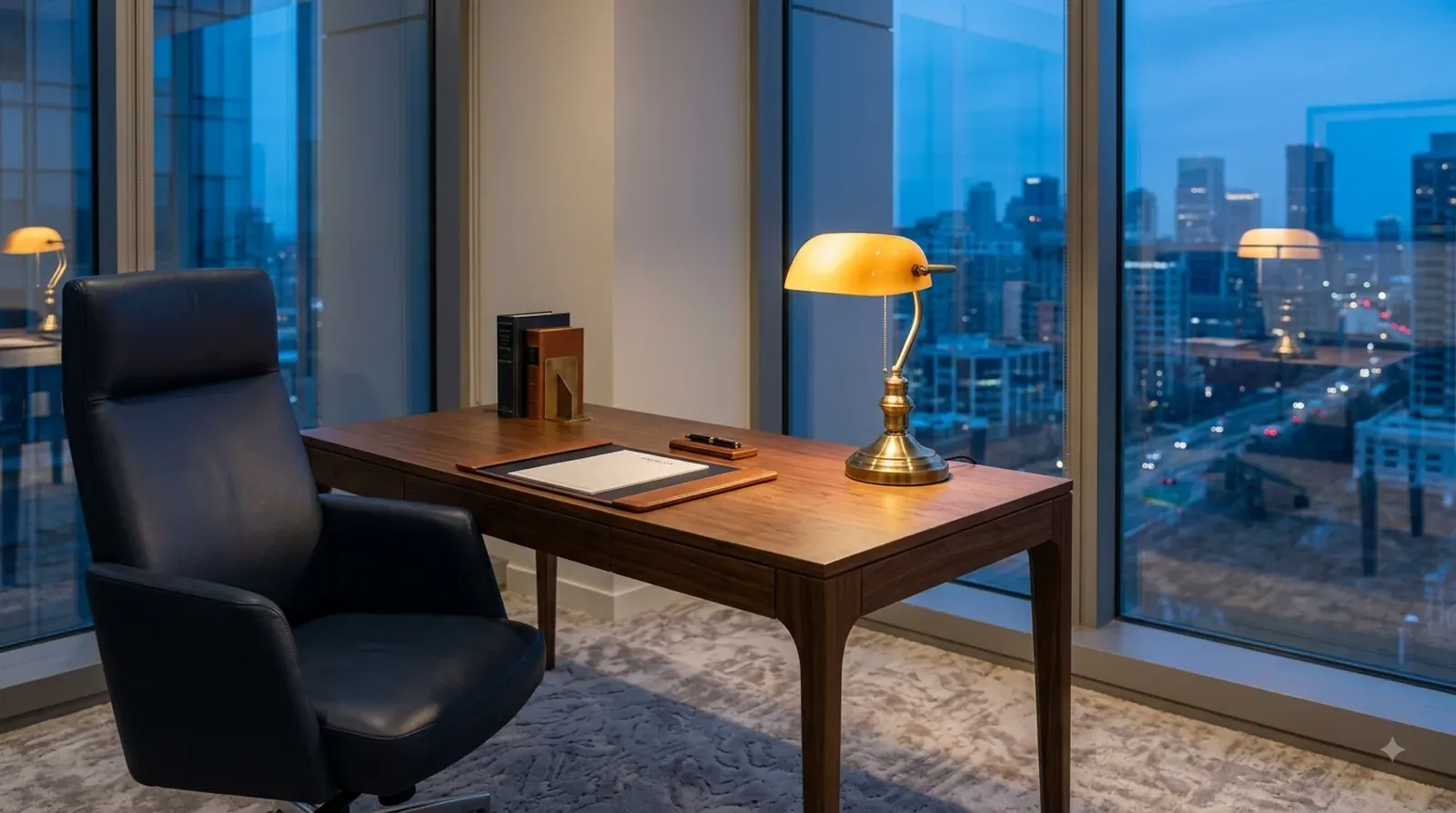Law firm office desk with a banker's lamp overlooking a city skyline at dusk