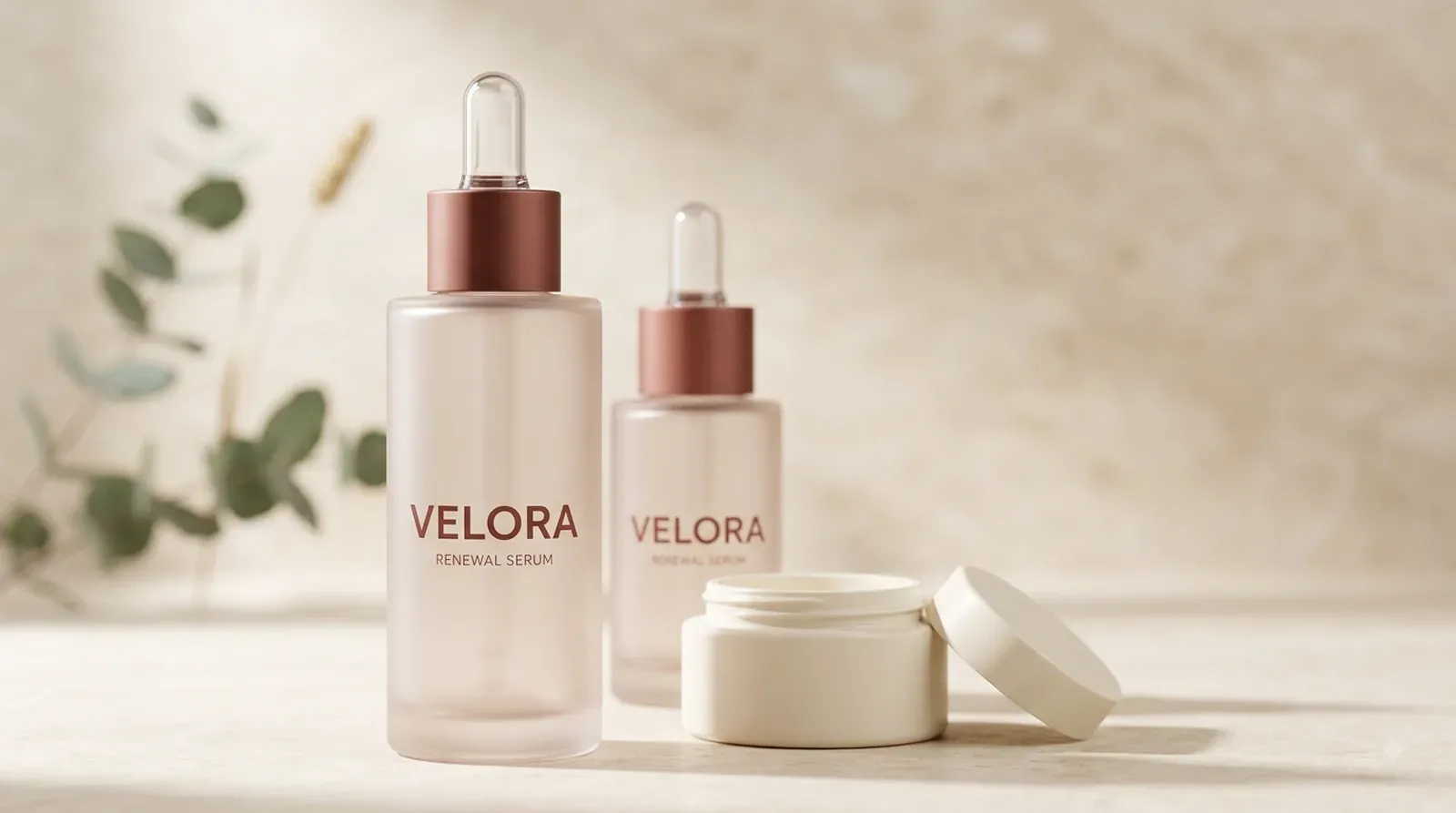 Skincare serum bottles and a cream jar staged with eucalyptus leaves