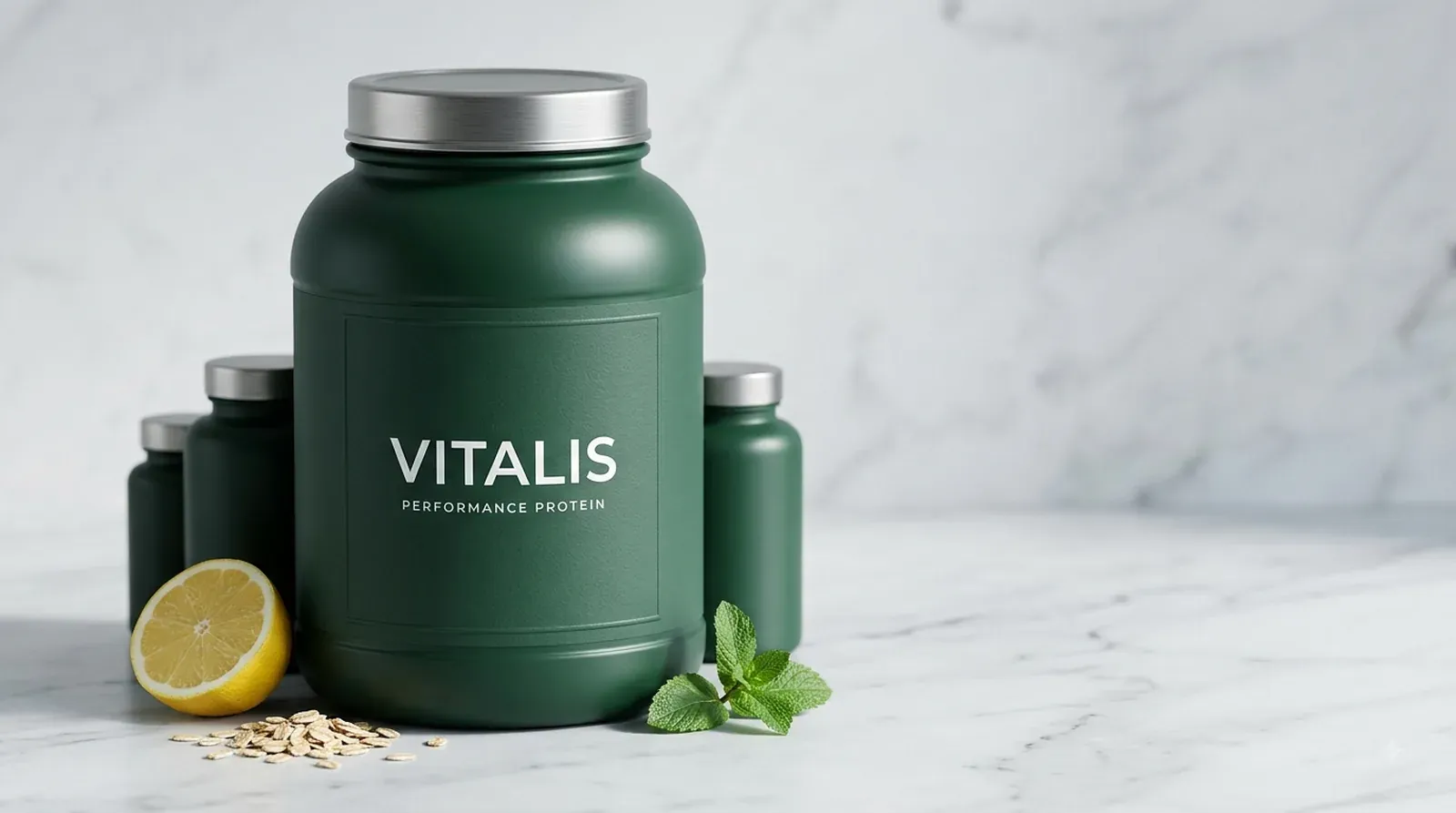 Dark green supplement jars with lemon and mint on a marble counter